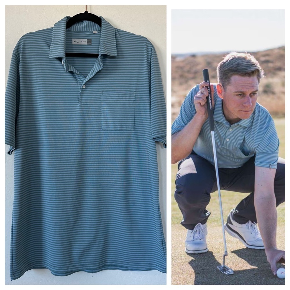 Kjus Lee Sage Green Light Blue Men’s Striped Short Sleeve Golf Polo Xtra Large